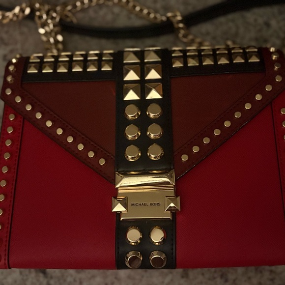 Michael Kors Whitney Bag, Studded on Red and Black leather, Chain Shoulder Bag - Picture 7 of 13